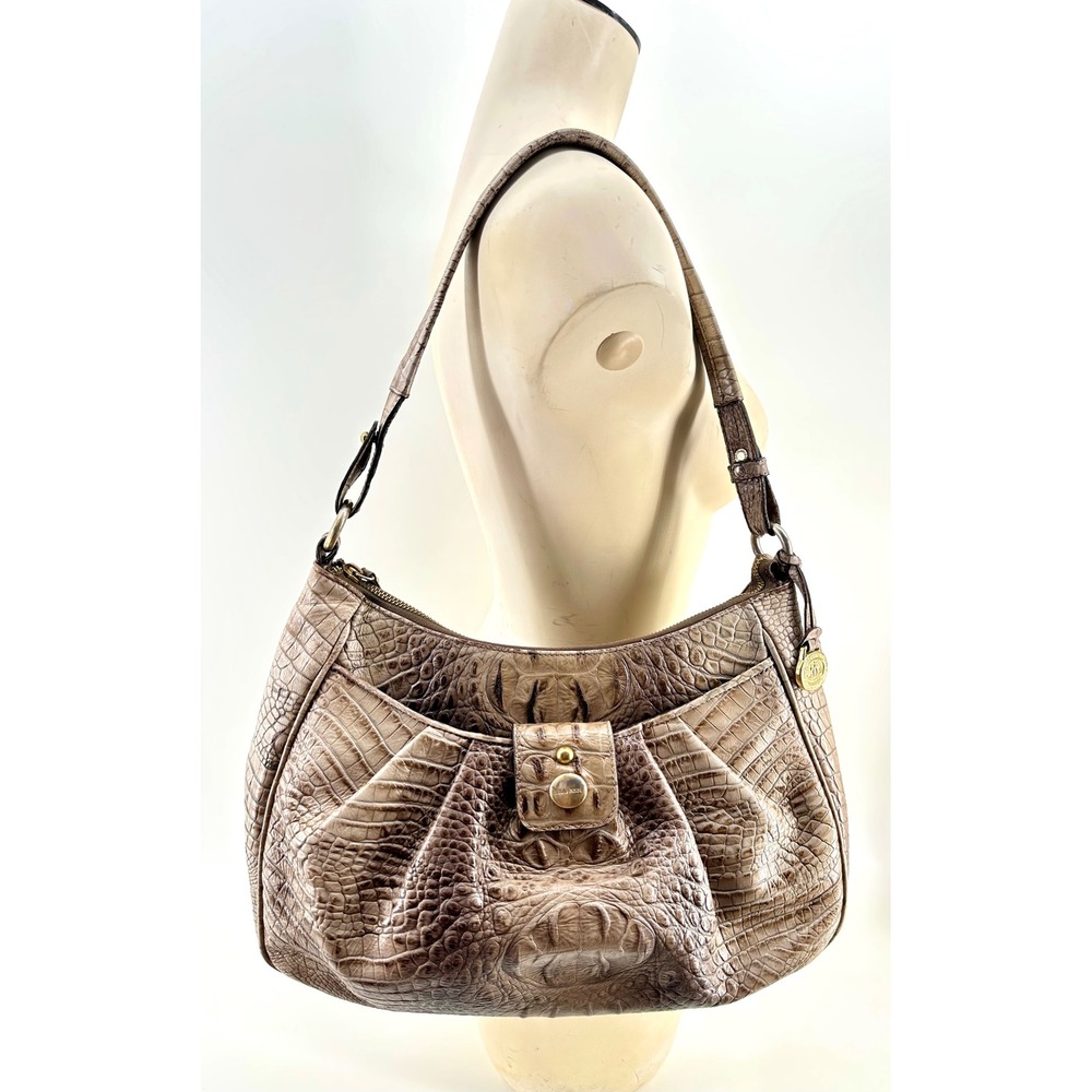 Brahmin Melbourne Croc Embossed Leather Hobo Shoulder Bag Taupe Brown